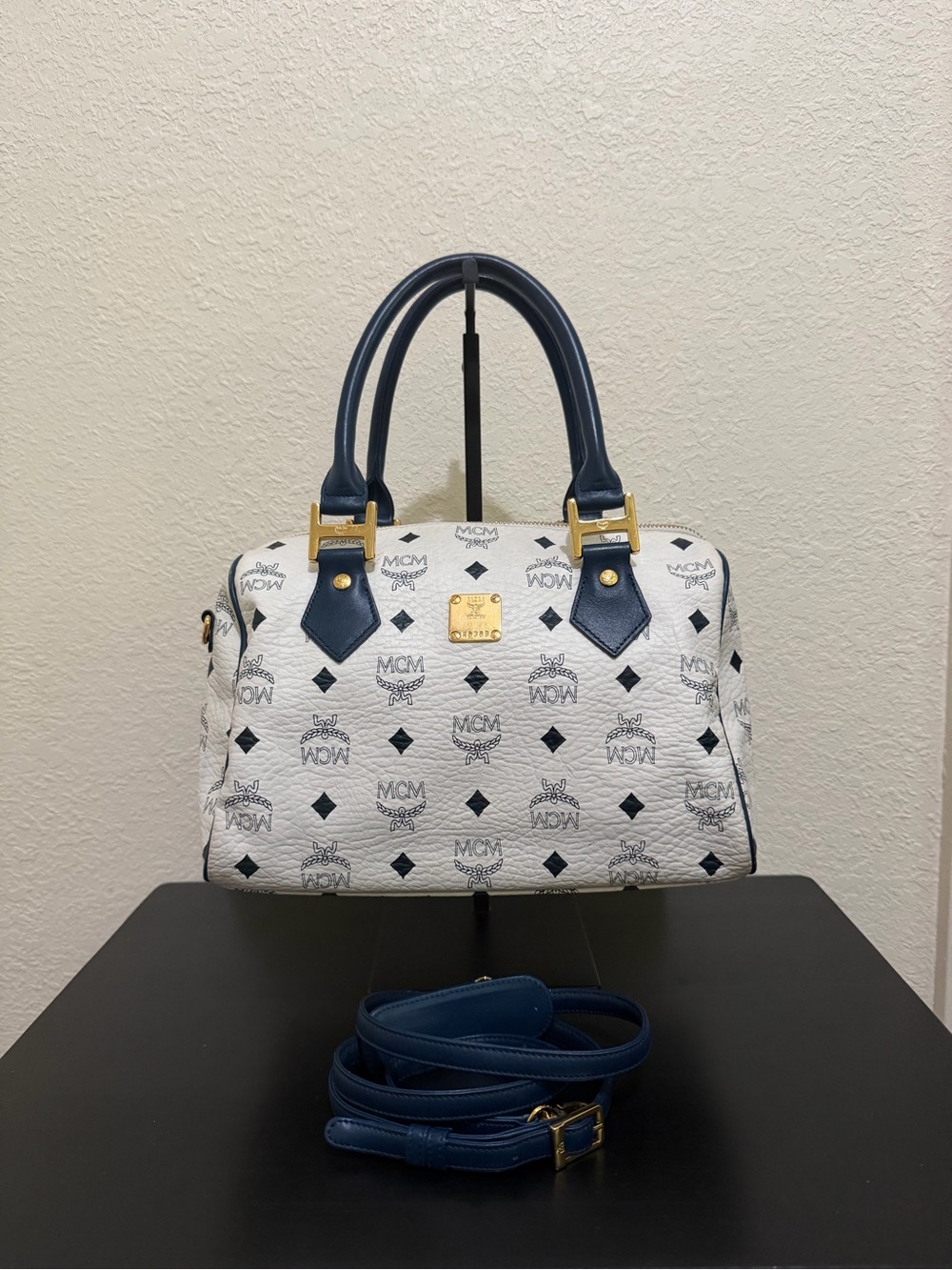 MCM White Logo Satchel with Blue Trim and Gold Hardware
